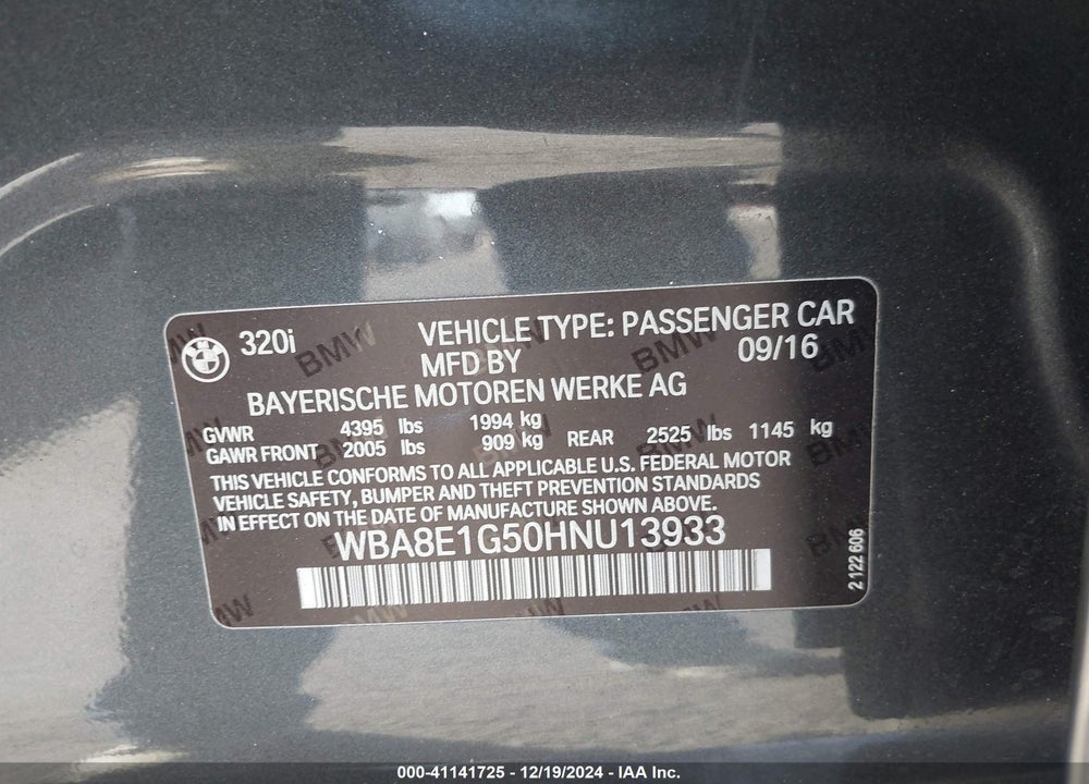 2017 BMW 320I VIN: WBA8E1G50HNU13933