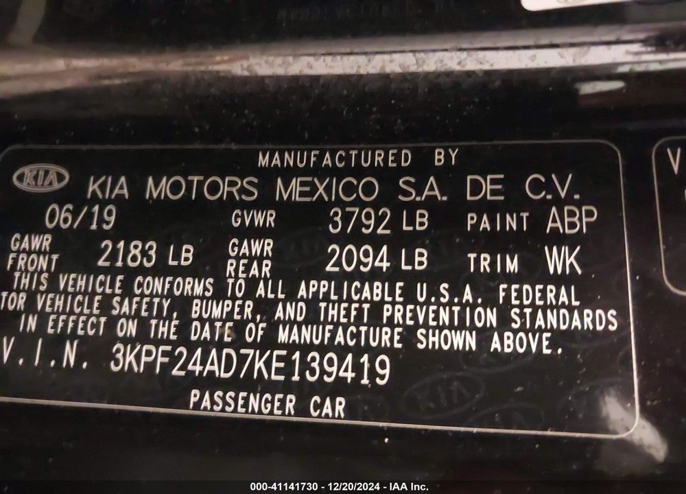 2019 KIA FORTE LXS VIN: 3KPF24AD7KE139419