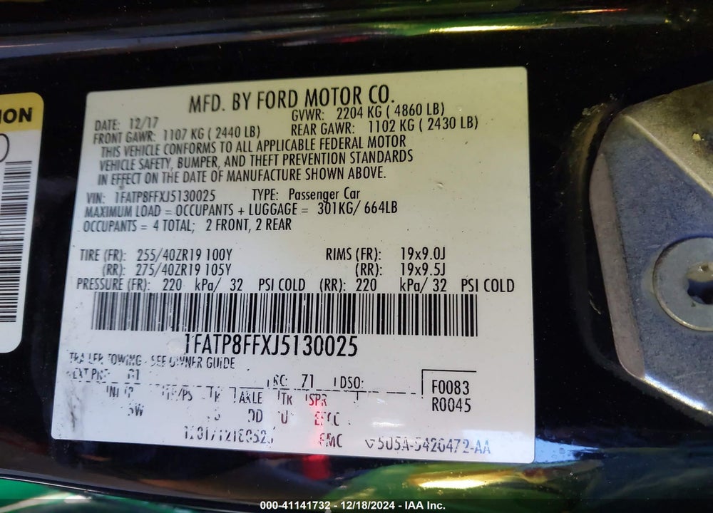2018 FORD MUSTANG GT PREMIUM VIN: 1FATP8FFXJ5130025