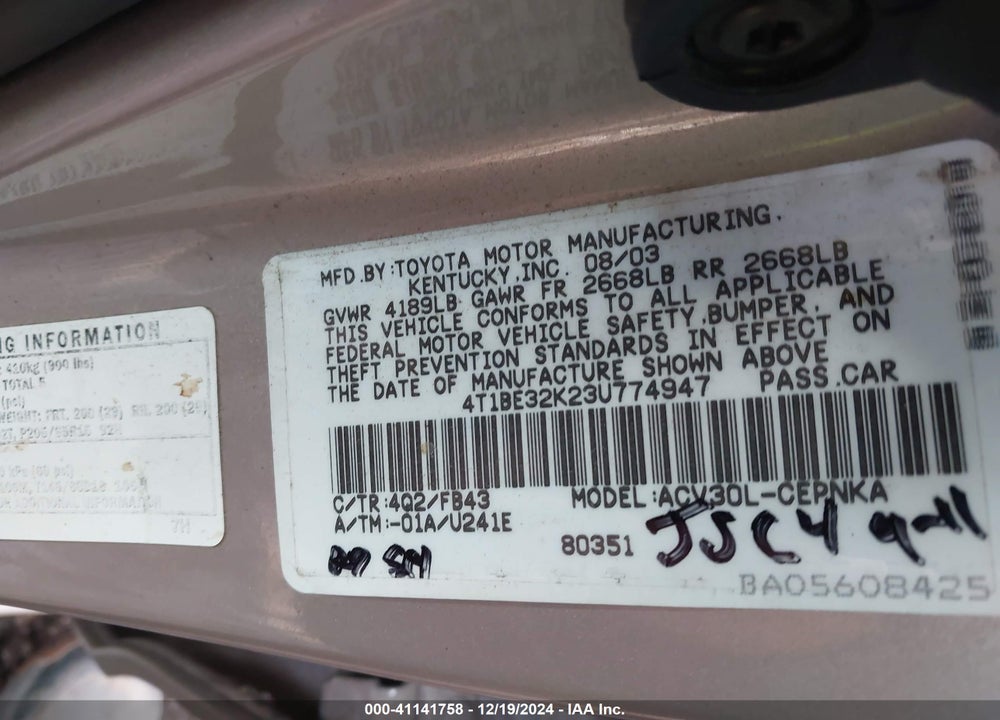 2003 TOYOTA CAMRY LE VIN: 4T1BE32K23U774947