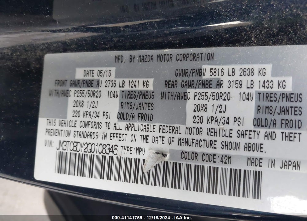 2016 MAZDA CX-9 GRAND TOURING VIN: JM3TCBDY2G0108346
