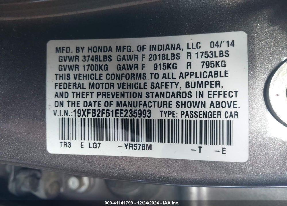 2014 HONDA CIVIC LX VIN: 19XFB2F51EE235993