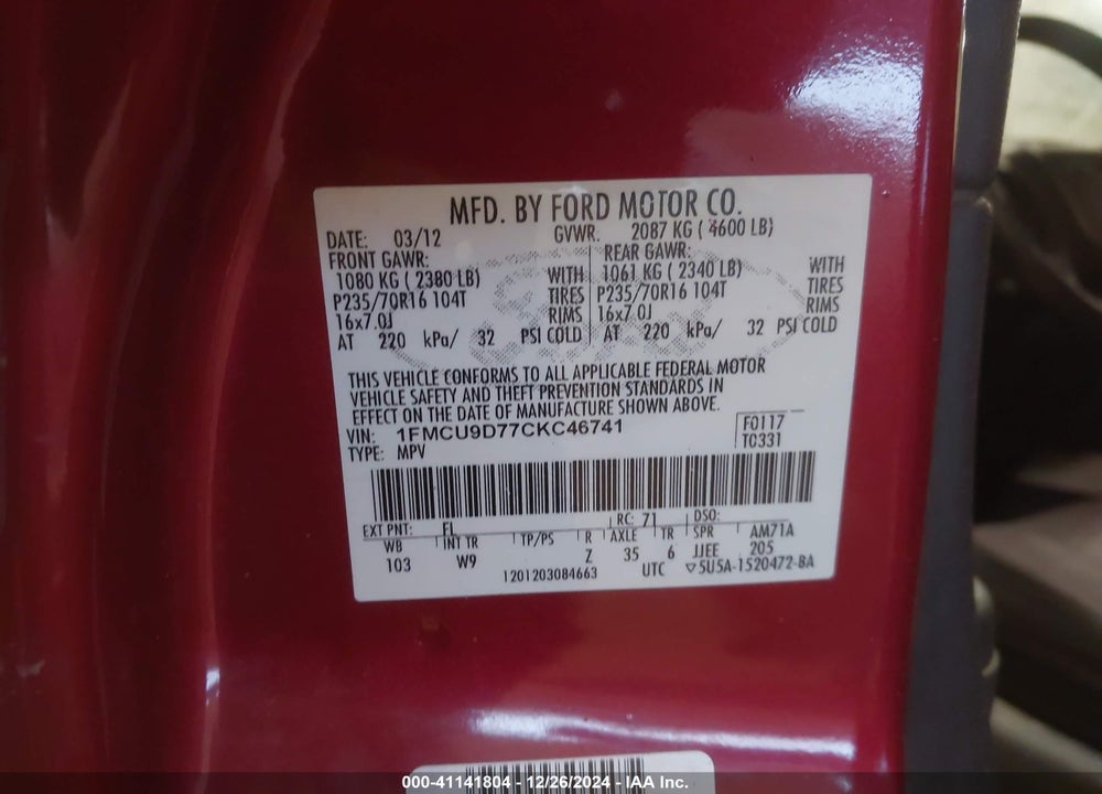 2012 FORD ESCAPE XLT VIN: 1FMCU9D77CKC46741