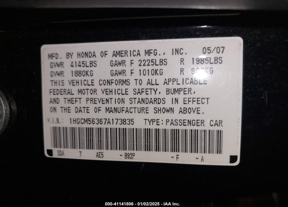 2007 HONDA ACCORD 2.4 SE VIN: 1HGCM56367A173835