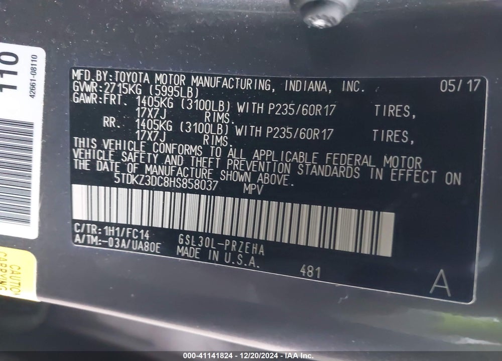2017 TOYOTA SIENNA LE 8 PASSENGER VIN: 5TDKZ3DC8HS858037