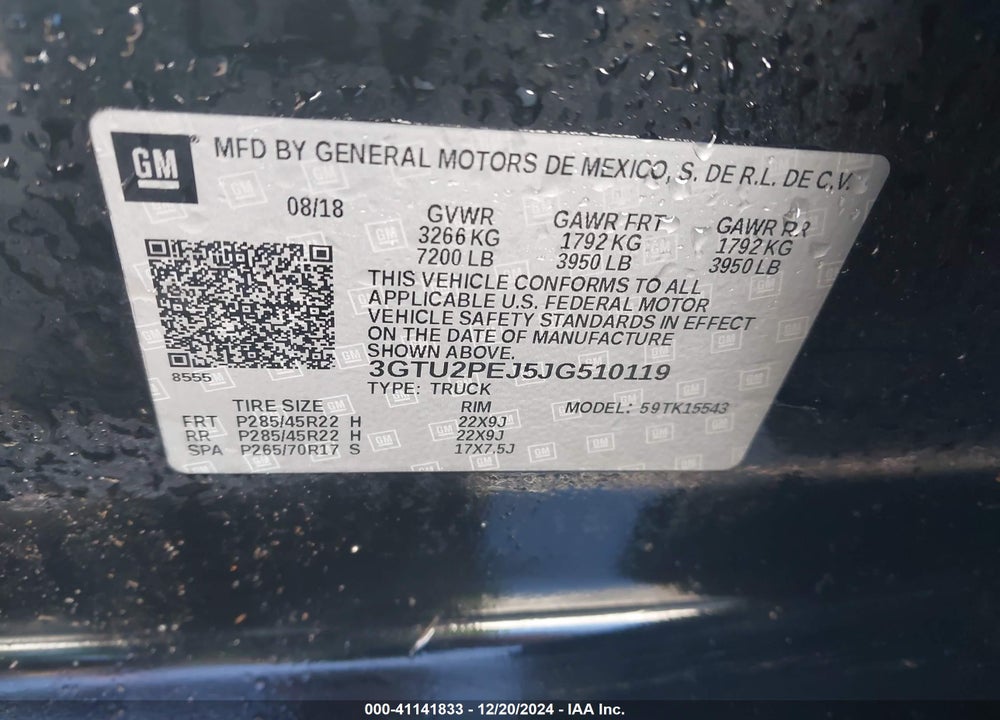 2018 GMC SIERRA 1500 VIN: 3GTU2PEJ5JG510119