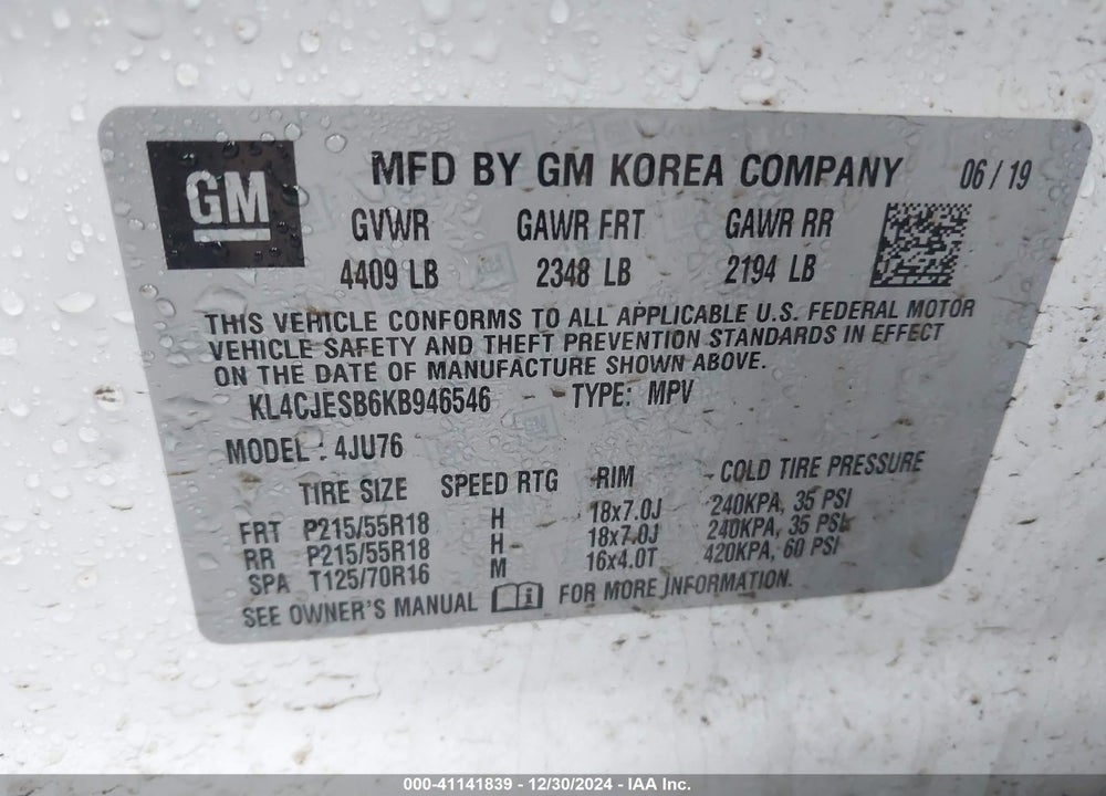 2019 BUICK ENCORE AWD PREFERRED VIN: KL4CJESB6KB946546