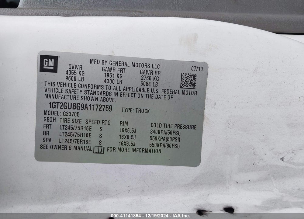 2010 GMC SAVANA 3500 WORK VAN VIN: 1GT2GUBG9A1172769