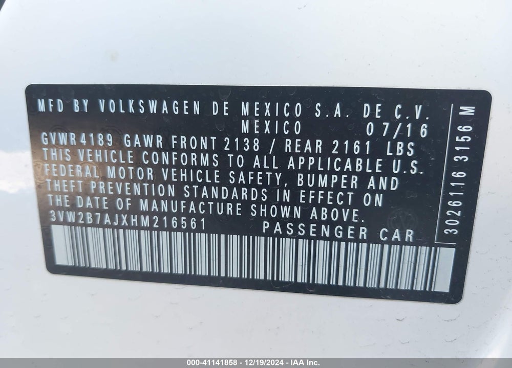 2017 VOLKSWAGEN JETTA 1.4T S VIN: 3VW2B7AJXHM216561