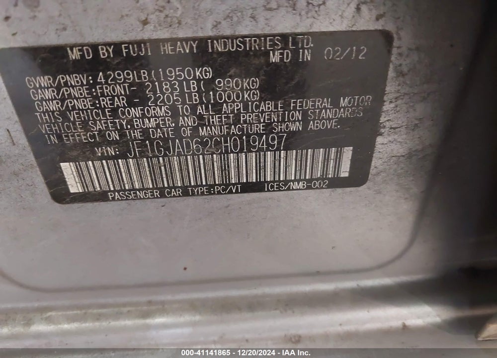 2012 SUBARU IMPREZA 2.0I PREMIUM VIN: JF1GJAD62CH019497