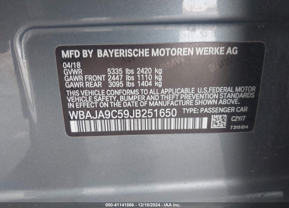 2018 BMW 530E VIN: WBAJA9C59JB251650