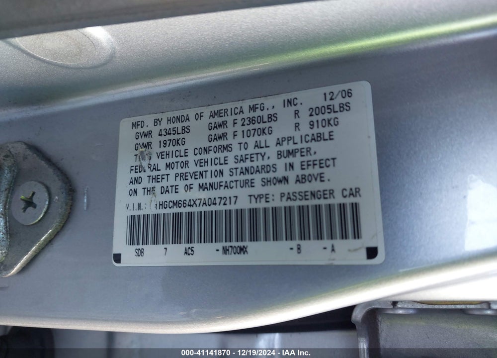 2007 HONDA ACCORD 3.0 SE VIN: 1HGCM664X7A047217