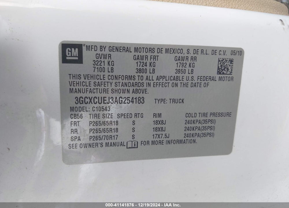 2010 CHEVROLET SILVERADO 1500 HYBRID 1HY VIN: 3GCXCUEJ3AG254183