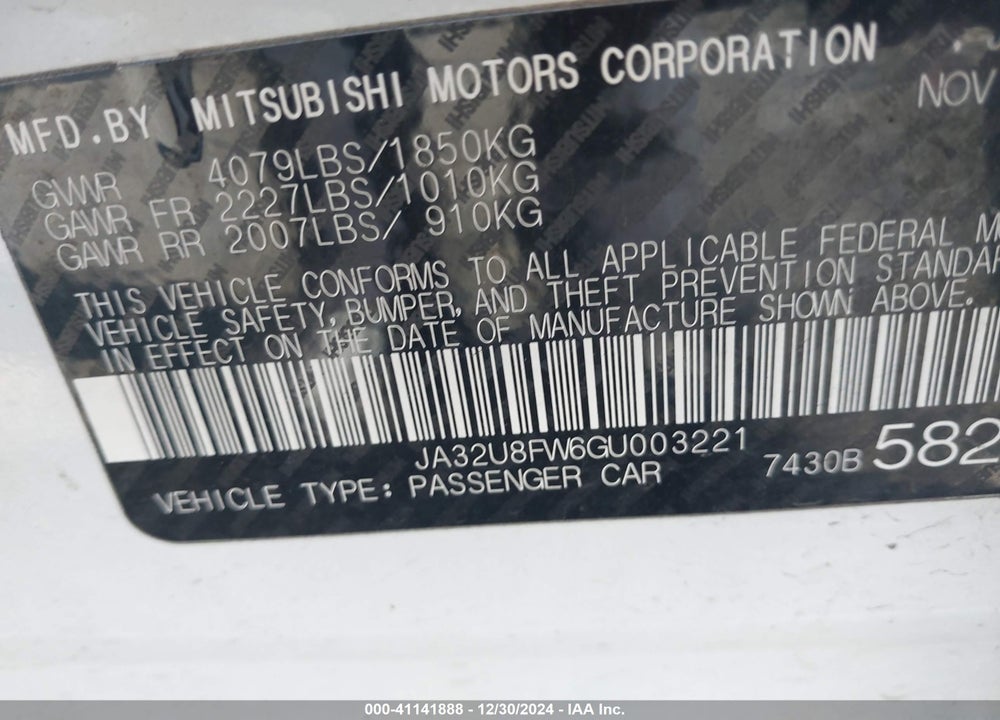2016 MITSUBISHI LANCER VIN: JA32U8FW6GU003221