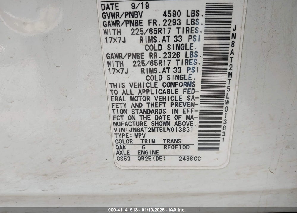 2020 NISSAN ROGUE S FWD VIN: JN8AT2MT5LW013831