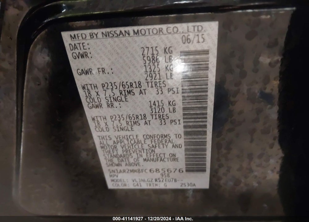 2015 NISSAN PATHFINDER SL VIN: 5N1AR2MM8FC685676