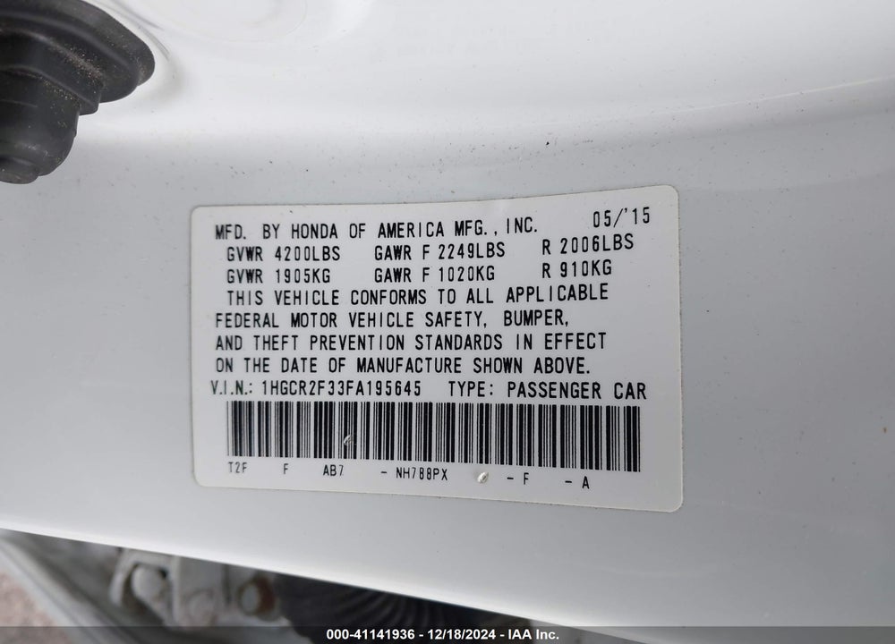 2015 HONDA ACCORD LX VIN: 1HGCR2F33FA195645