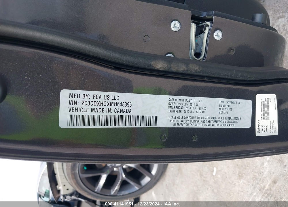 2021 DODGE CHARGER VIN: 2C3CDXHGXMH648396