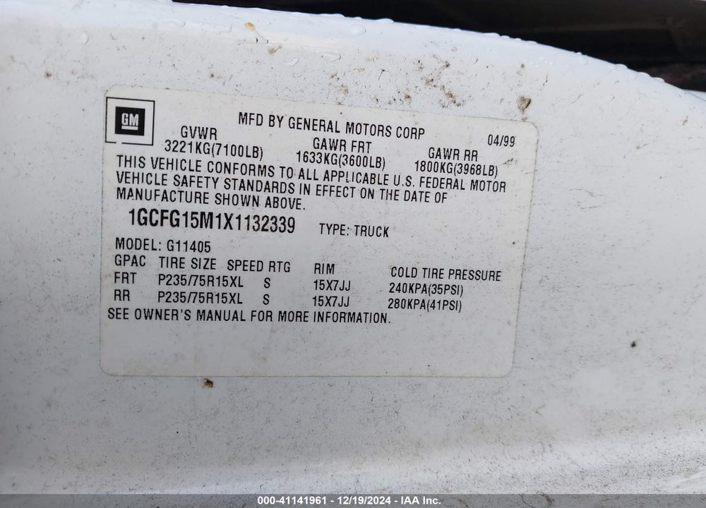 1999 CHEVROLET EXPRESS VIN: 1GCFG15M1X1132339