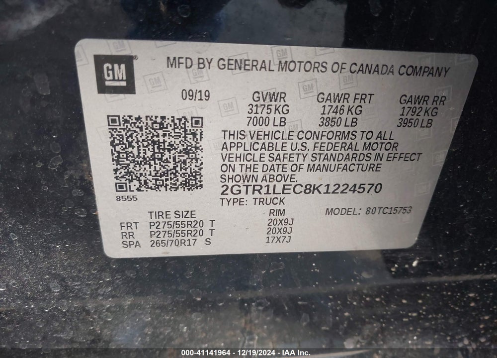 2019 GMC SIERRA 1500 LIMITED VIN: 2GTR1LEC8K1224570