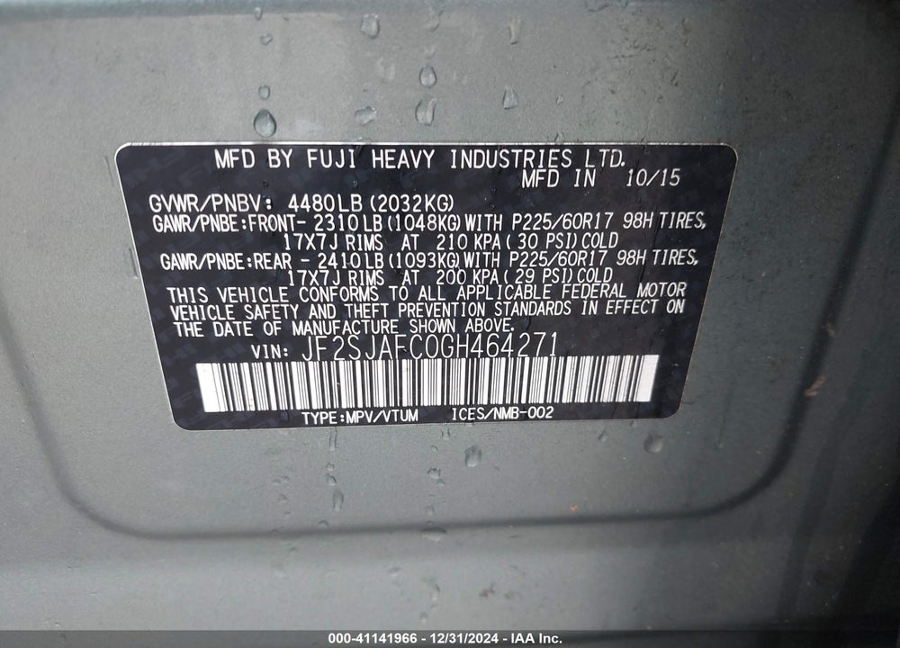 2016 SUBARU FORESTER 2.5I PREMIUM VIN: JF2SJAFC0GH464271