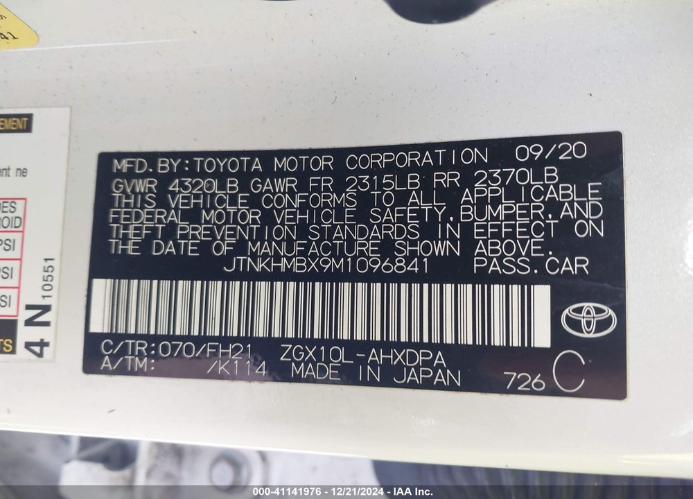 2021 TOYOTA C-HR LE VIN: JTNKHMBX9M1096841