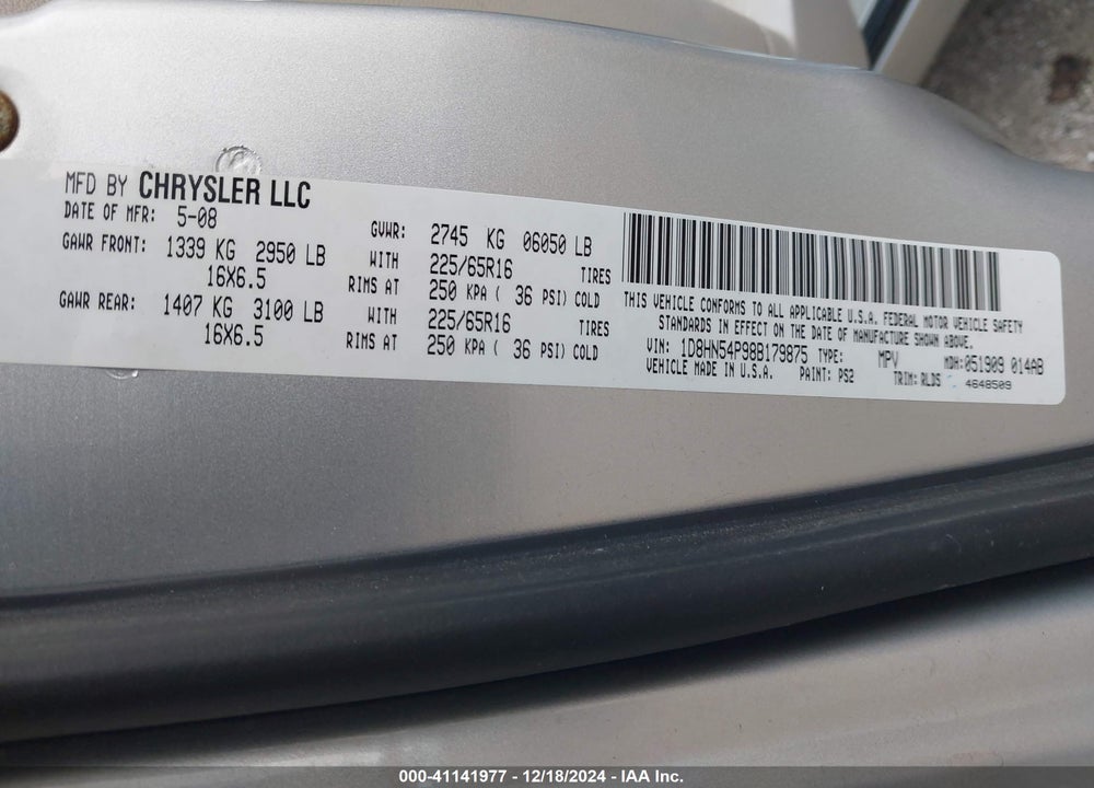 2008 DODGE GRAND CARAVAN SXT VIN: 1D8HN54P98B179875