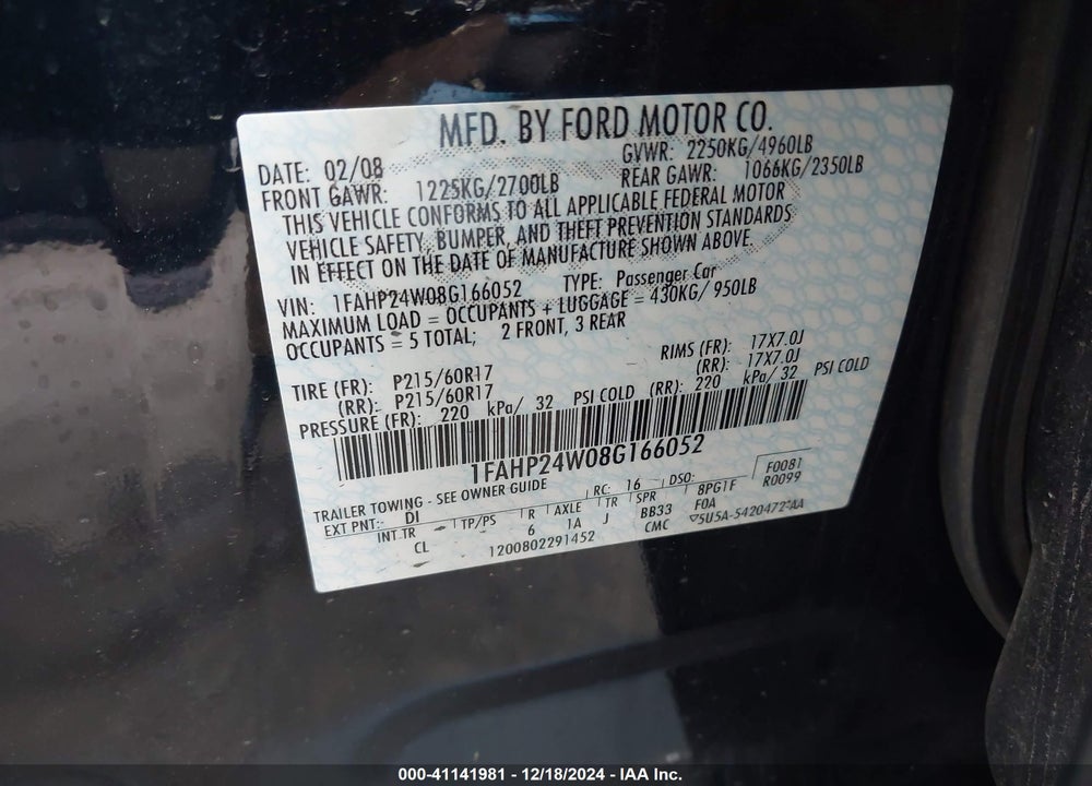 2008 FORD TAURUS SEL VIN: 1FAHP24W08G166052