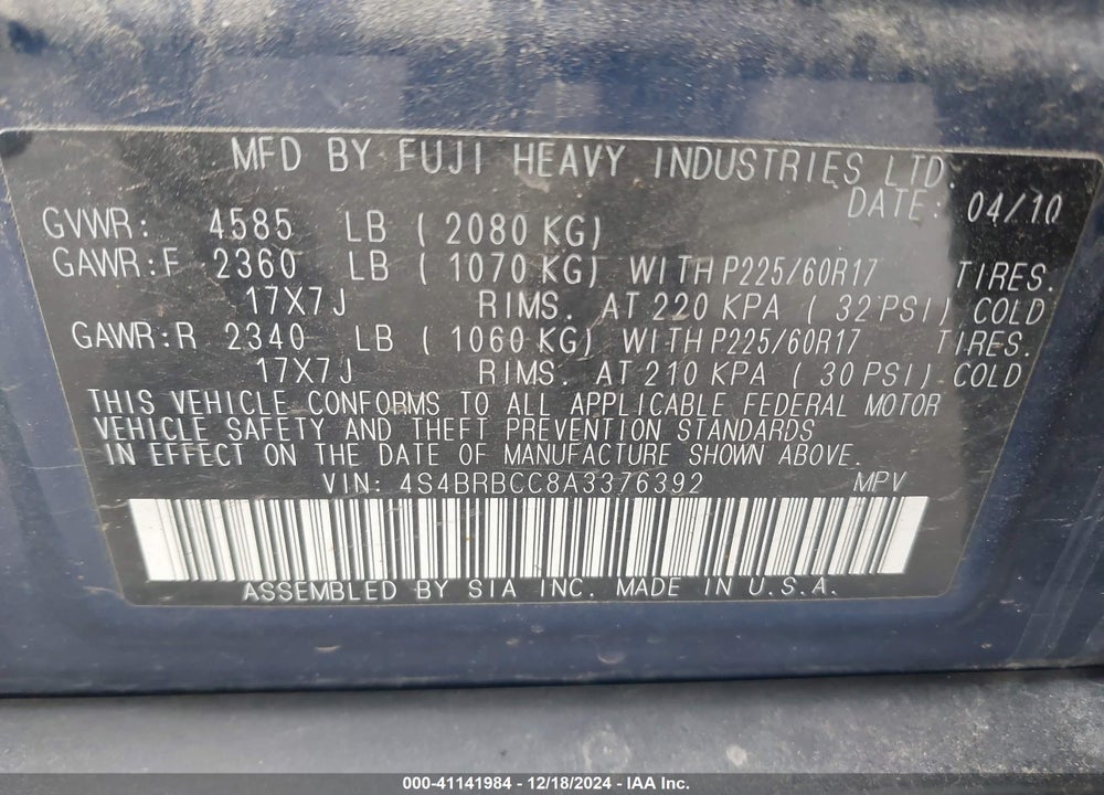 2010 SUBARU OUTBACK 2.5I PREMIUM VIN: 4S4BRBCC8A3376392