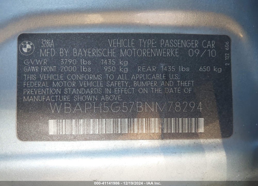 2011 BMW 328I VIN: WBAPH5G57BNM78294