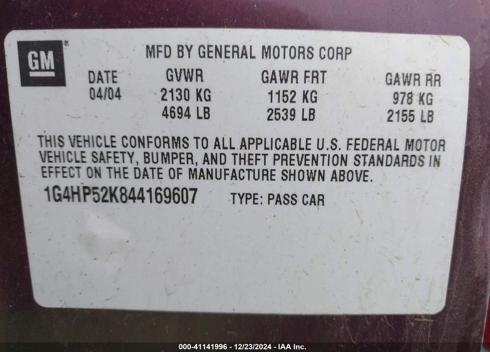 2004 BUICK LESABRE CUSTOM VIN: 1G4HP52K844169607