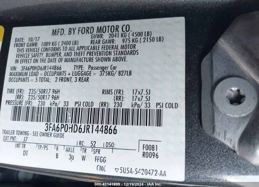 2018 FORD FUSION SE VIN: 3FA6P0HD6JR144866