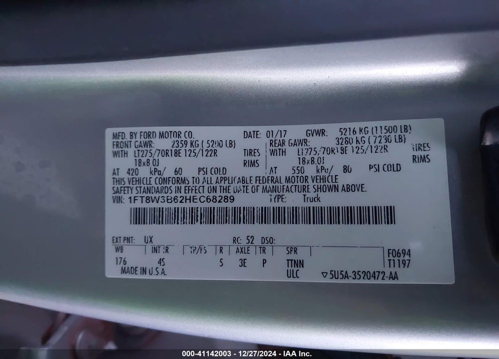 2017 FORD F-350 XL VIN: 1FT8W3B62HEC68289