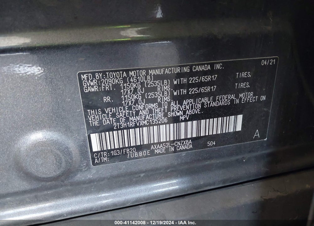 2021 TOYOTA RAV4 LE VIN: 2T3H1RFVXMC135206
