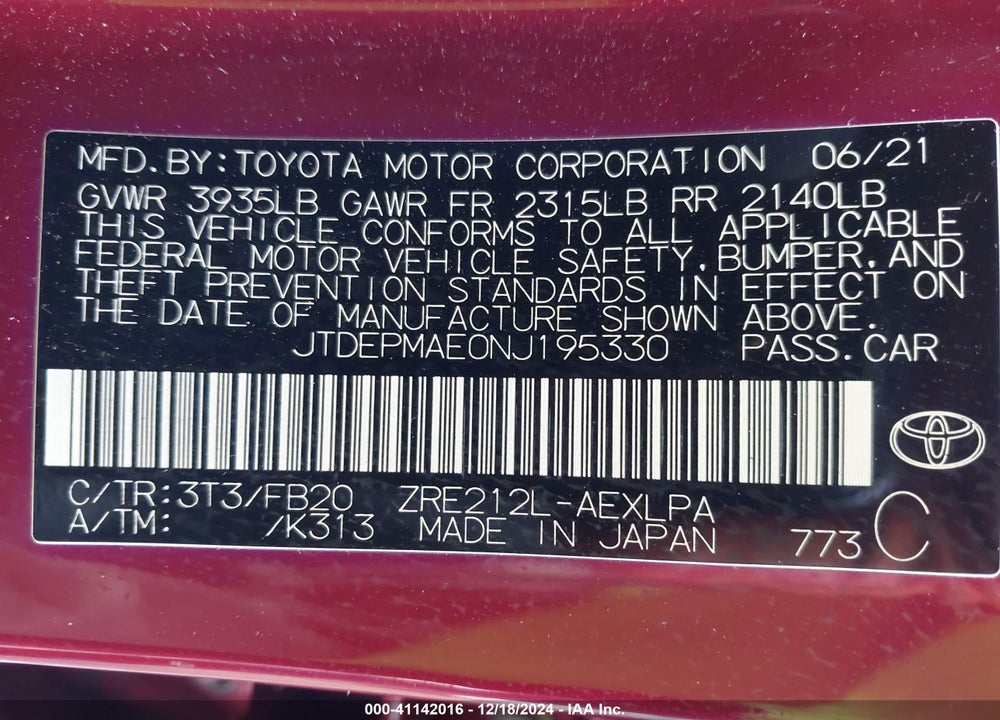 2022 TOYOTA COROLLA LE VIN: JTDEPMAE0NJ195330