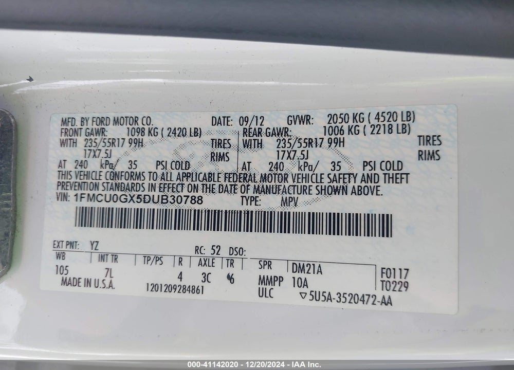 2013 FORD ESCAPE SE VIN: 1FMCU0GX5DUB30788