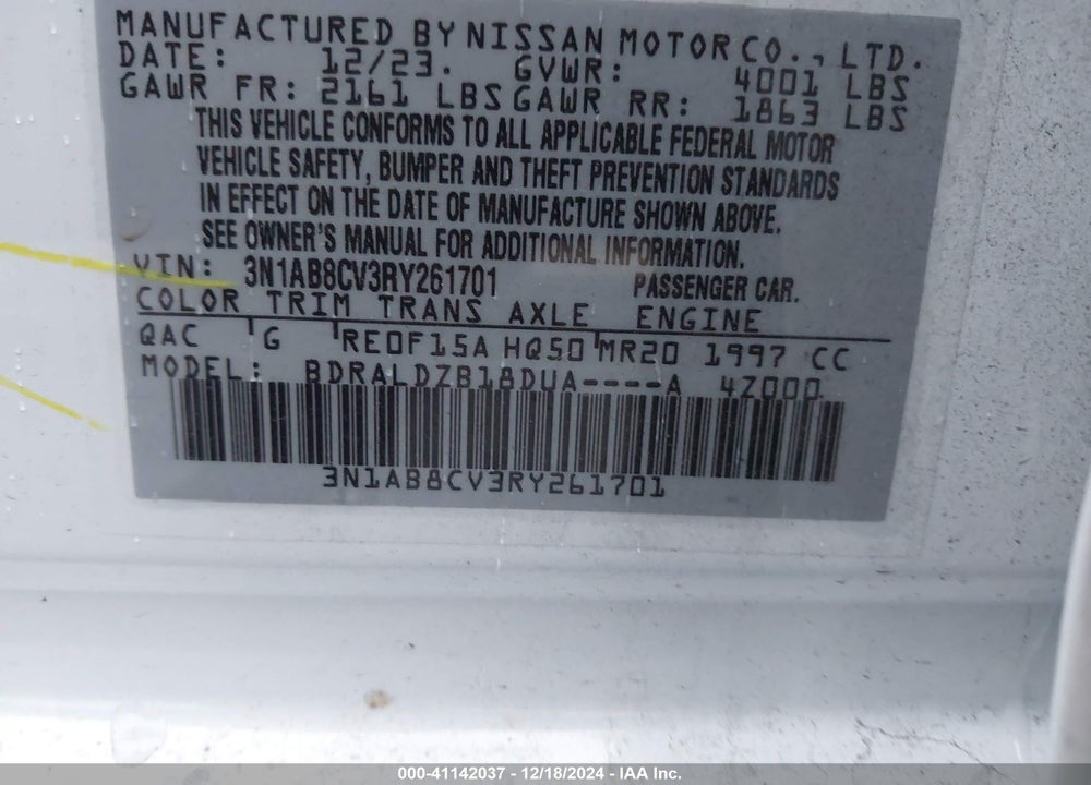 2024 NISSAN SENTRA SV XTRONIC CVT VIN: 3N1AB8CV3RY261701