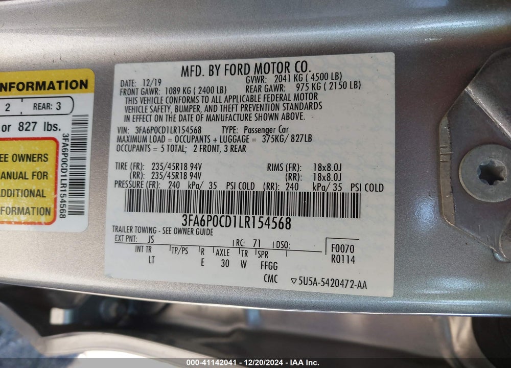 2020 FORD FUSION VIN: 3FA6P0CD1LR154568