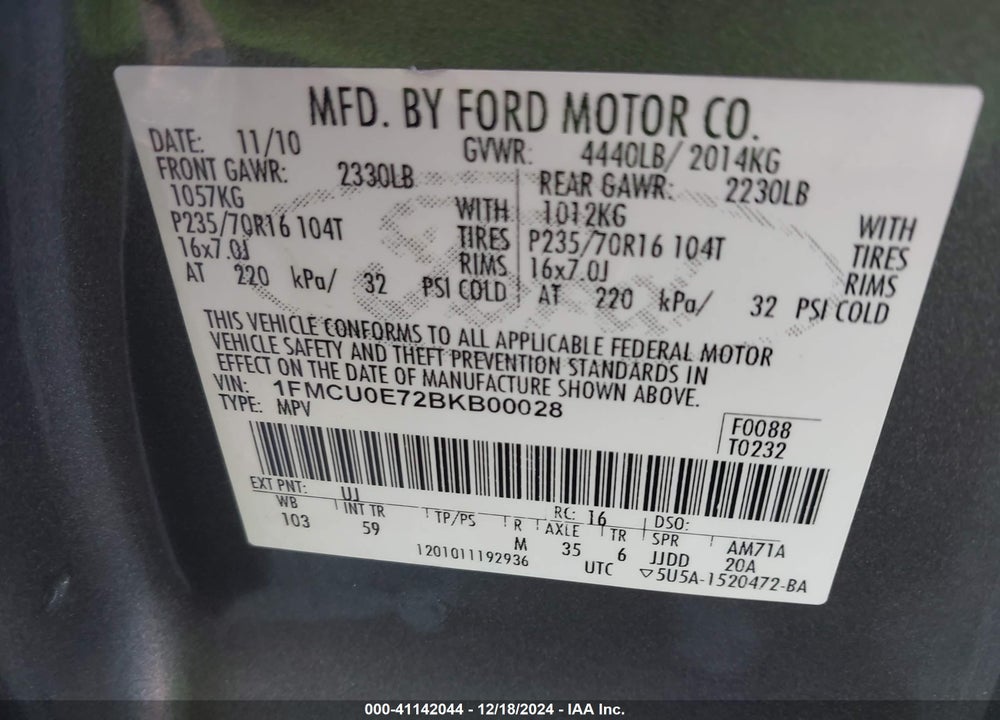 2011 FORD ESCAPE LIMITED VIN: 1FMCU0E72BKB00028