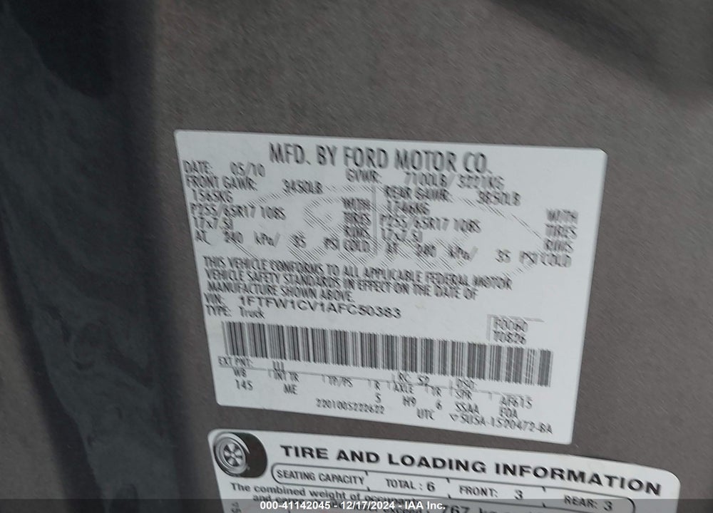 2010 FORD F-150 FX2 SPORT/HARLEY-DAVIDSON/KING RANCH/LARIAT/PLATINUM/XL/XLT VIN: 1FTFW1CV1AFC50383