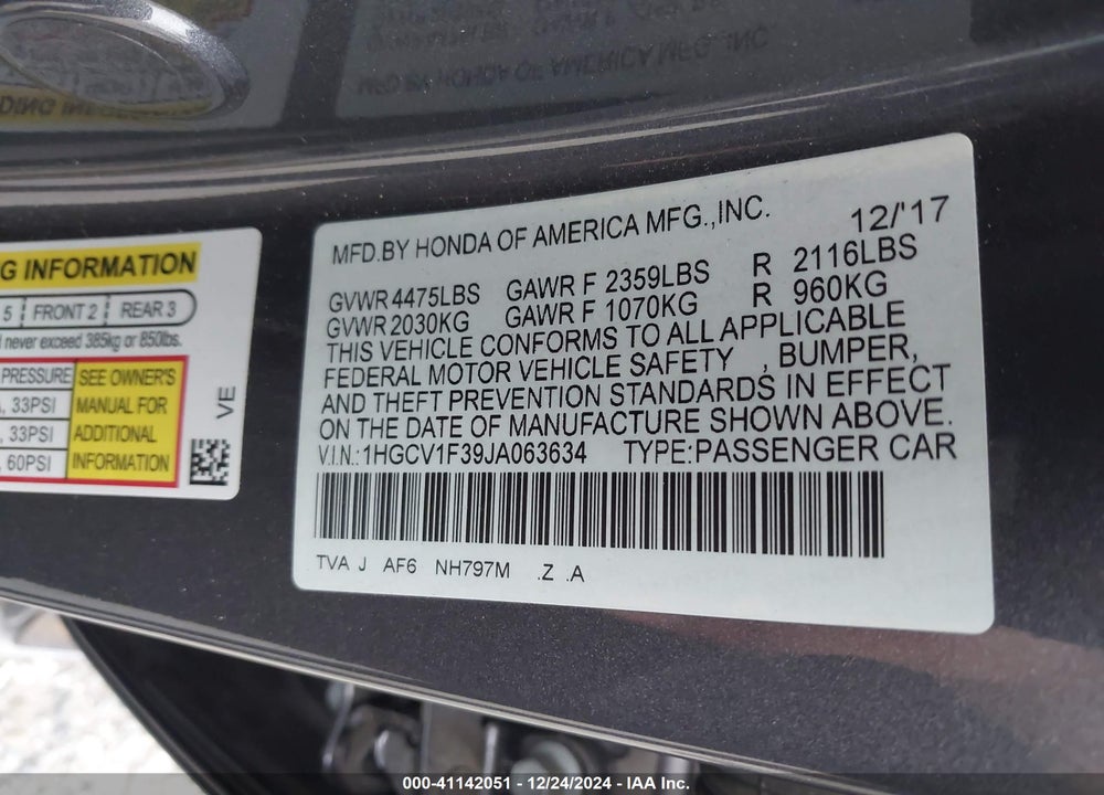 2018 HONDA ACCORD SPORT VIN: 1HGCV1F39JA063634