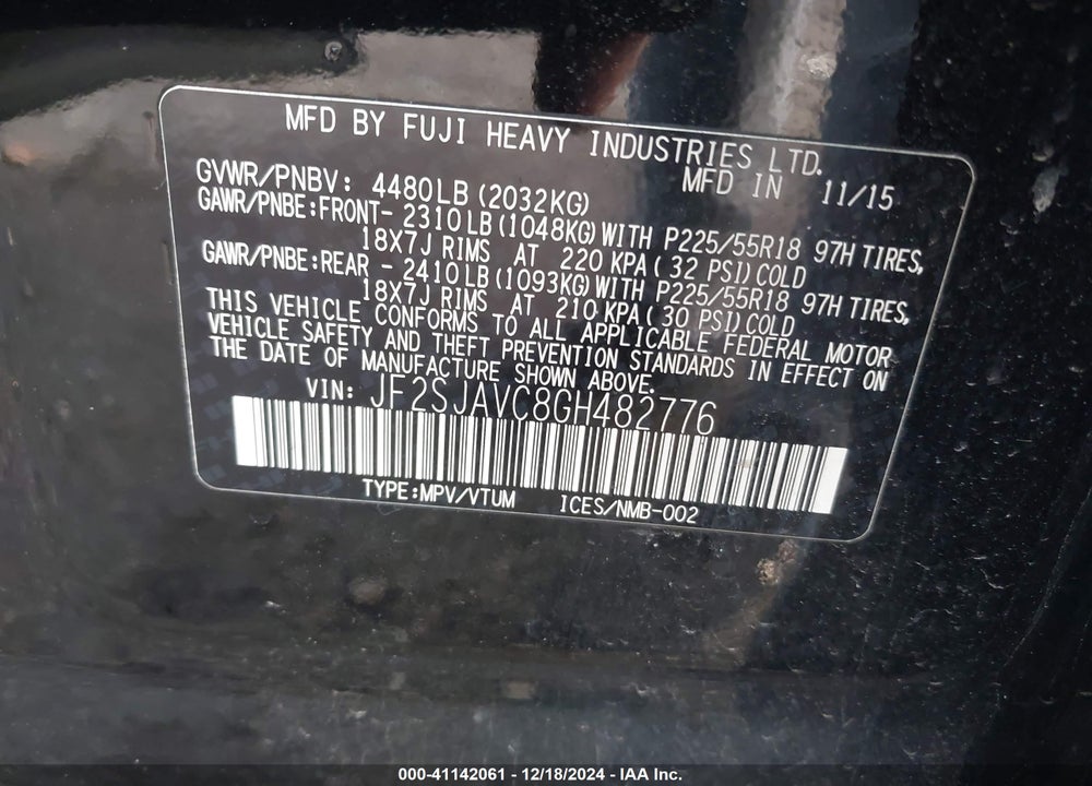 2016 SUBARU FORESTER 2.5I TOURING VIN: JF2SJAVC8GH482776