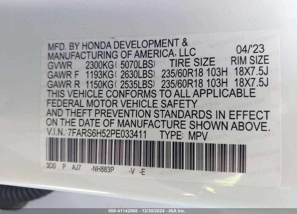 2023 HONDA CR-V VIN: 7FARS6H52PE033411