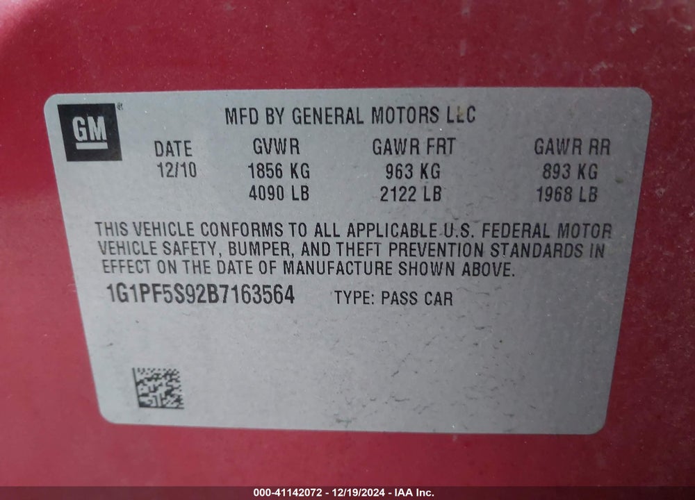 2011 CHEVROLET CRUZE 1LT VIN: 1G1PF5S92B7163564