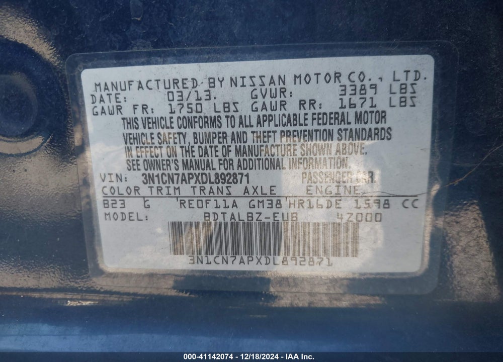 2013 NISSAN VERSA 1.6 SV VIN: 3N1CN7APXDL892871