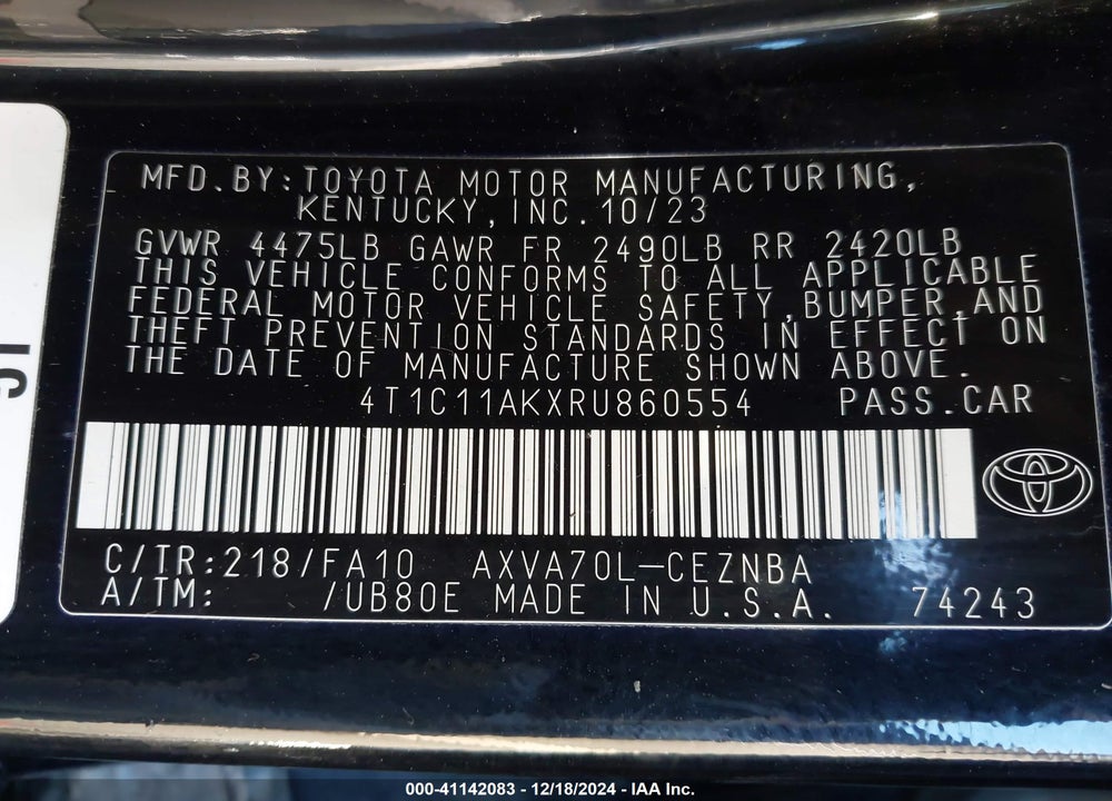 2024 TOYOTA CAMRY LE VIN: 4T1C11AKXRU860554
