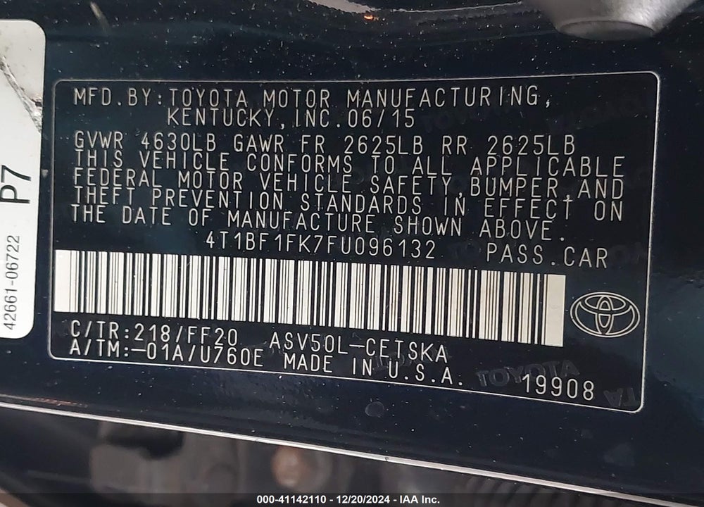 2015 TOYOTA CAMRY SE VIN: 4T1BF1FK7FU096132