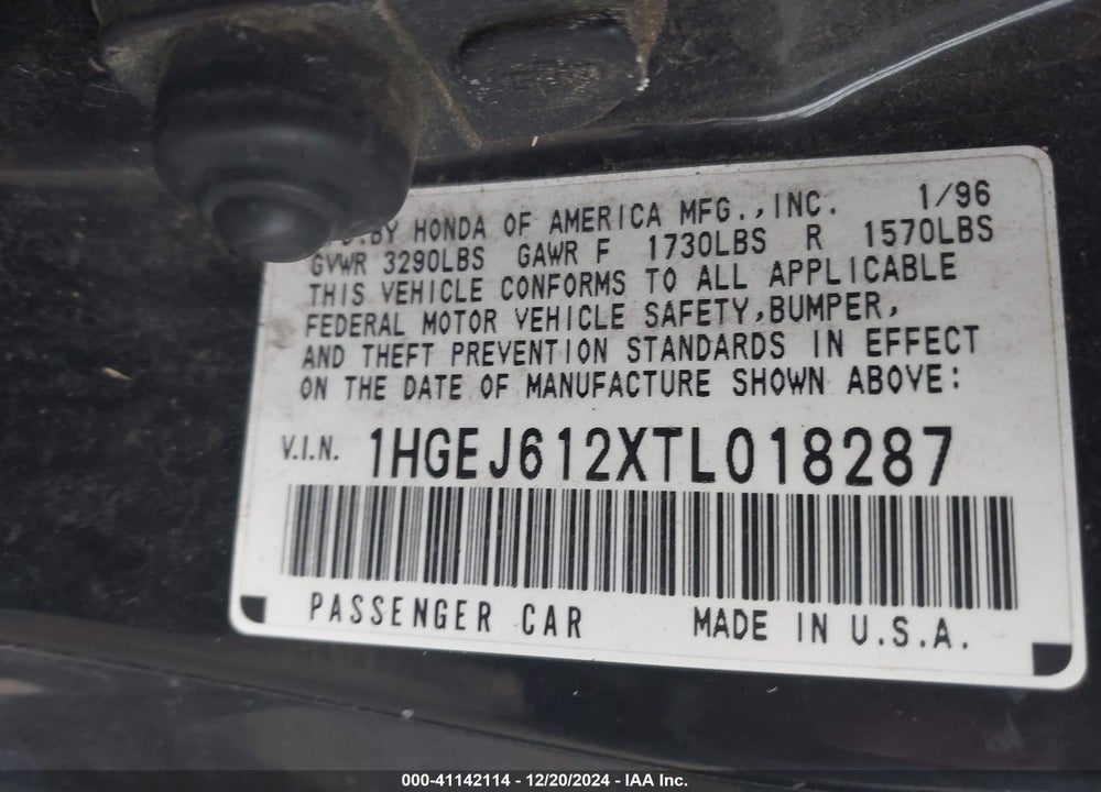 1996 HONDA CIVIC DX VIN: 1HGEJ612XTL018287