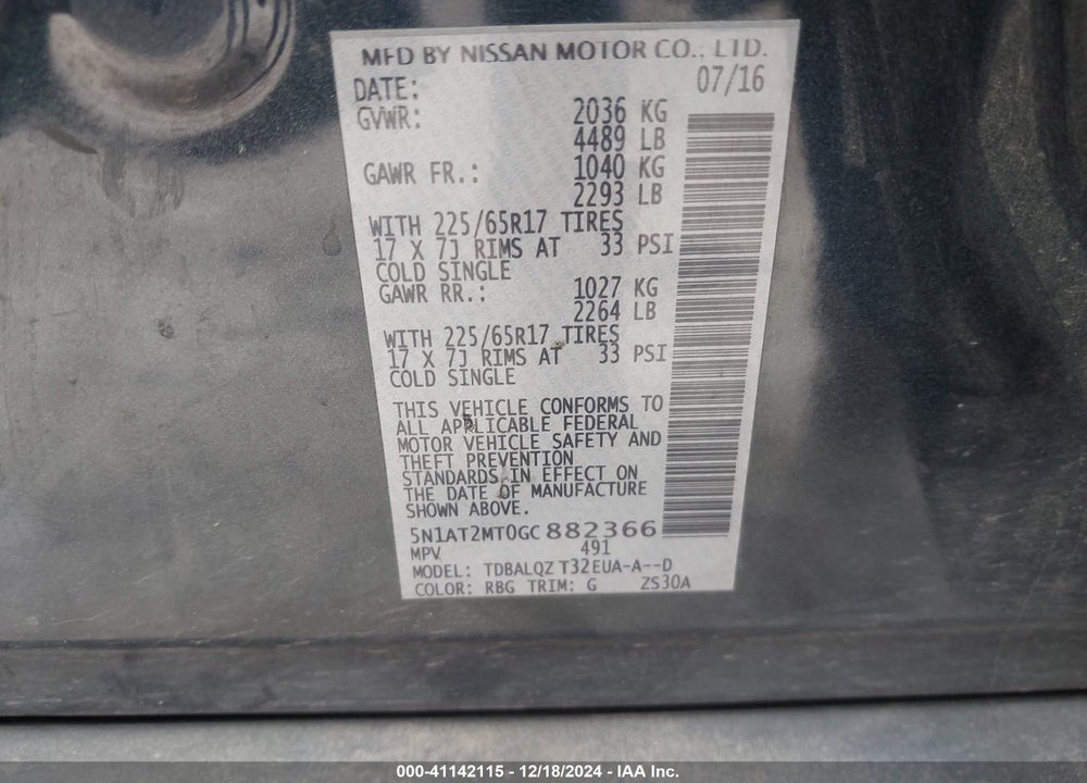 2016 NISSAN ROGUE SV VIN: 5N1AT2MT0GC882366