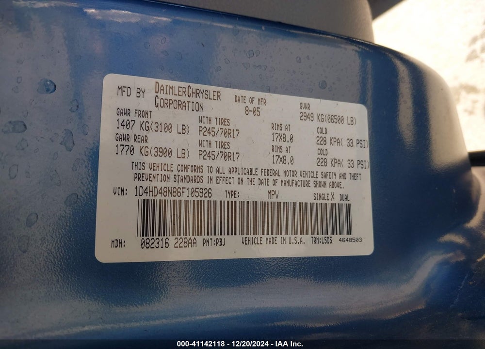 2006 DODGE DURANGO SLT VIN: 1D4HD48N86F105926